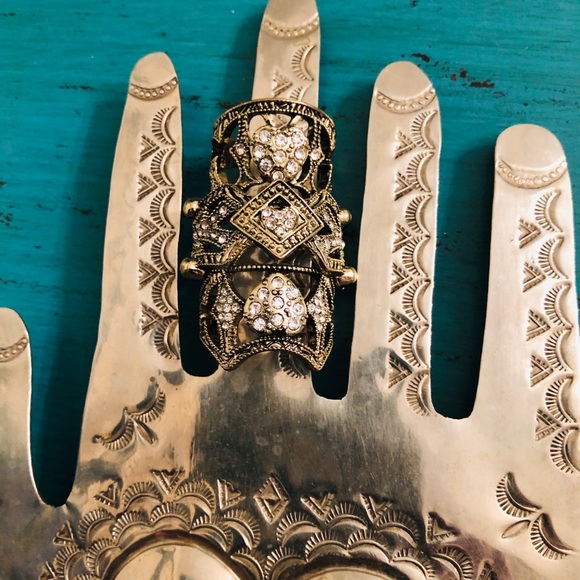 KNUCKLE RING RHINESTONES JOINTED BENDS GOLD TONE - Picture 3 of 8